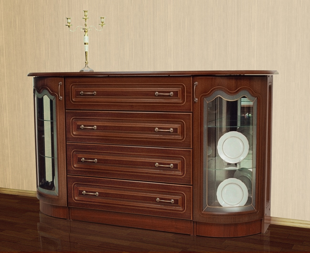 Комод 4 ящика 2 двери с витражными стеклами Цнинский 3 модуль 7ТАМБОВМЕБЕЛЬ